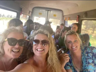 group selfie on an A1 Bus Charters Winery Brewery Tour